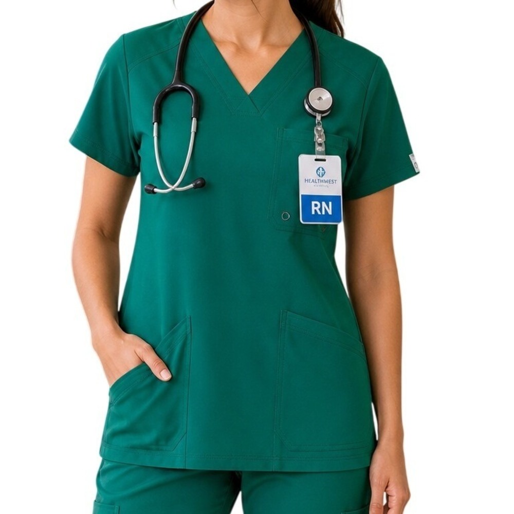 Infinity by Cherokee Scrub Top Women Large Green V-Neck Pocket Rib Knit